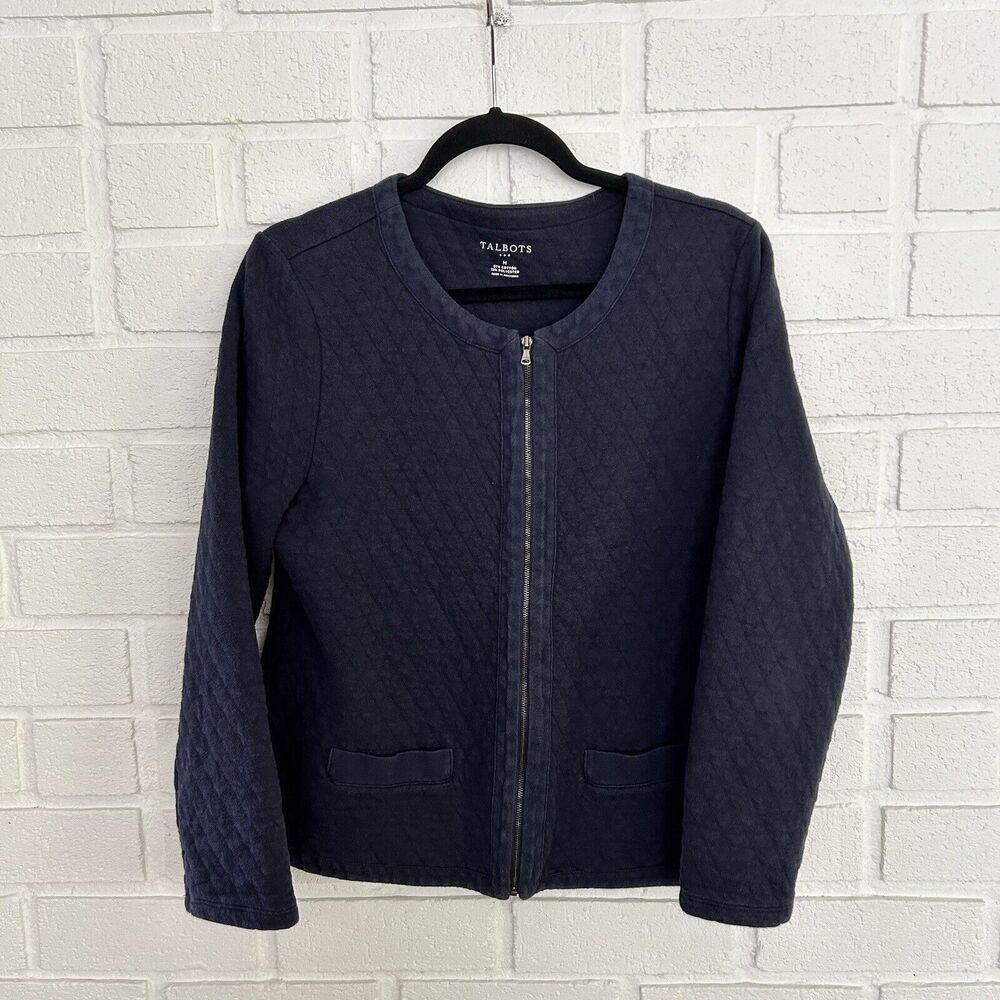 Talbots Diamond Quilted Sweater Full Zip Womens Medium Long Sleeve Pockets Blue